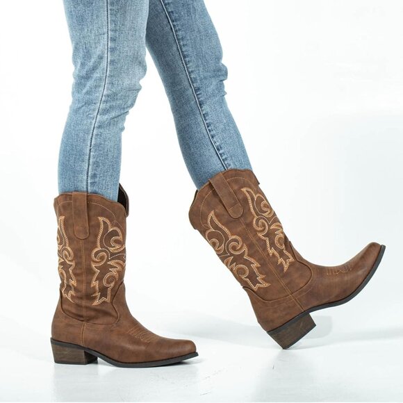 J's.o.l.e Women Brown Cowgirl Boots Cowboy Pointed Toe Wide Mid Calf - Picture 4 of 9